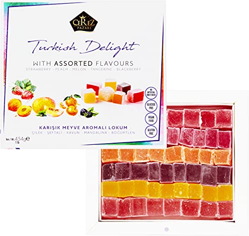 Cerez Pazari Turkish Delight Candy With Assorted Flavors 16 oz, Gourmet Snacks Gift Box