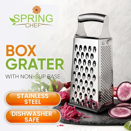 Spring Chef Stainless Steel Cheese Grater, Large Box Grater for Kitchen | 4 Sided Handheld Vegetable Shredder, Kitchen Food Grater for Cheese, Potato