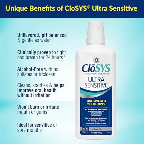 CloSYS Ultra Sensitive Mouthwash, 32 Oz, Alcohol Free Mouthwash, Unflavored Mouth Wash, Dye Free, pH Balanced, Helps Soothe Entire Mouth | Unflavored Mouth Wash, Dye Free, pH Balanced, Helps Soothe Entire Mouth