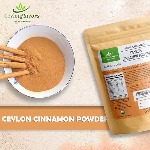 Ceylon Flavors Organic Ceylon Cinnamon Powder, Premium Special Grade, Non GMO, Harvested from a USDA Certified Organic Farm in Sri Lanka (3.5 oz)