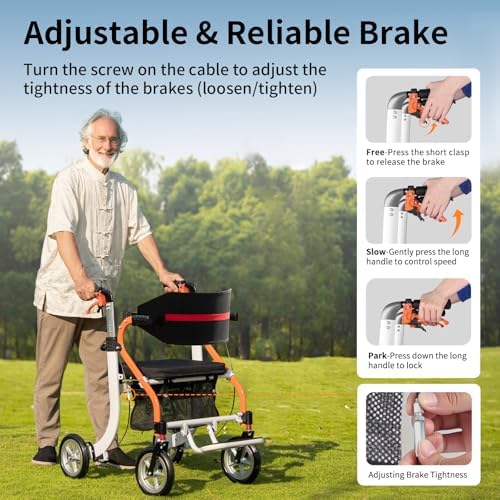 Nihhcune 4 in 1 Rollator Walker Transport Wheelchair Combo - No Assembly | 20lb Lightweight Mobility Rolling Walker with Seat for Seniors, Foldable Travel Chair, 8" All-Terrain Wheels, Supports 300lbs
