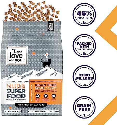 I and love and you Nude Super Food Dry Cat Food - Turkey + Chicken - Grain Free, High Protein, No Fillers, Superfoods, 5lb Bag