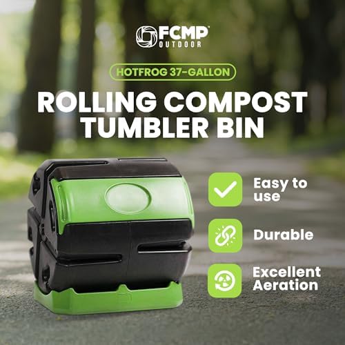 FCMP Outdoor HOTFROG Rolling Single Chamber Batch Tumbling Composter - Outdoor Rotating Garden Compost Bin (HF-RC4000WB) Black & Green (37-Gallon)