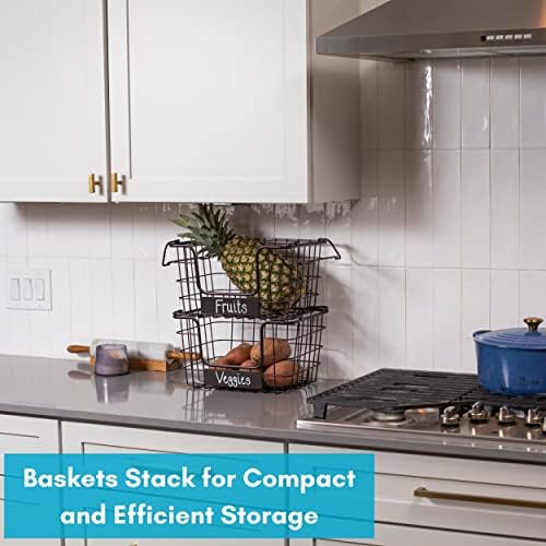 BirdRock Home Stacking Wire Market Baskets with Chalk Label | Set of 2 | Fruit Vegetable Produce Metal Storage Bin for Kitchen Counter | Black
