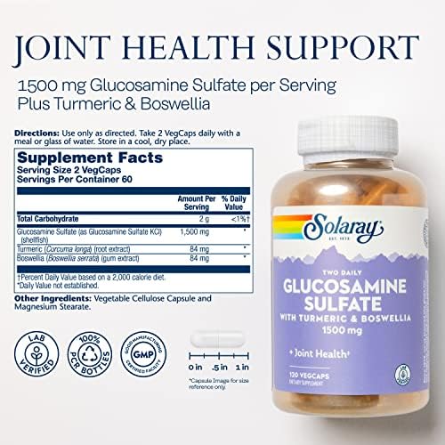 SOLARAY Glucosamine Sulfate 1500 mg, 120 VegCaps | Joint Mobility & Connective Tissue Support - Glucosamine, Turmeric & Boswellia - 60 Servings - Lab Verified