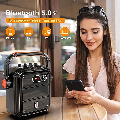 JYX Karaoke Machine with 2 Wireless Microphones, 5200mAh Portable Speaker Set Bluetooth 5.0 Rechargeable PA System with TWS, FM, REC