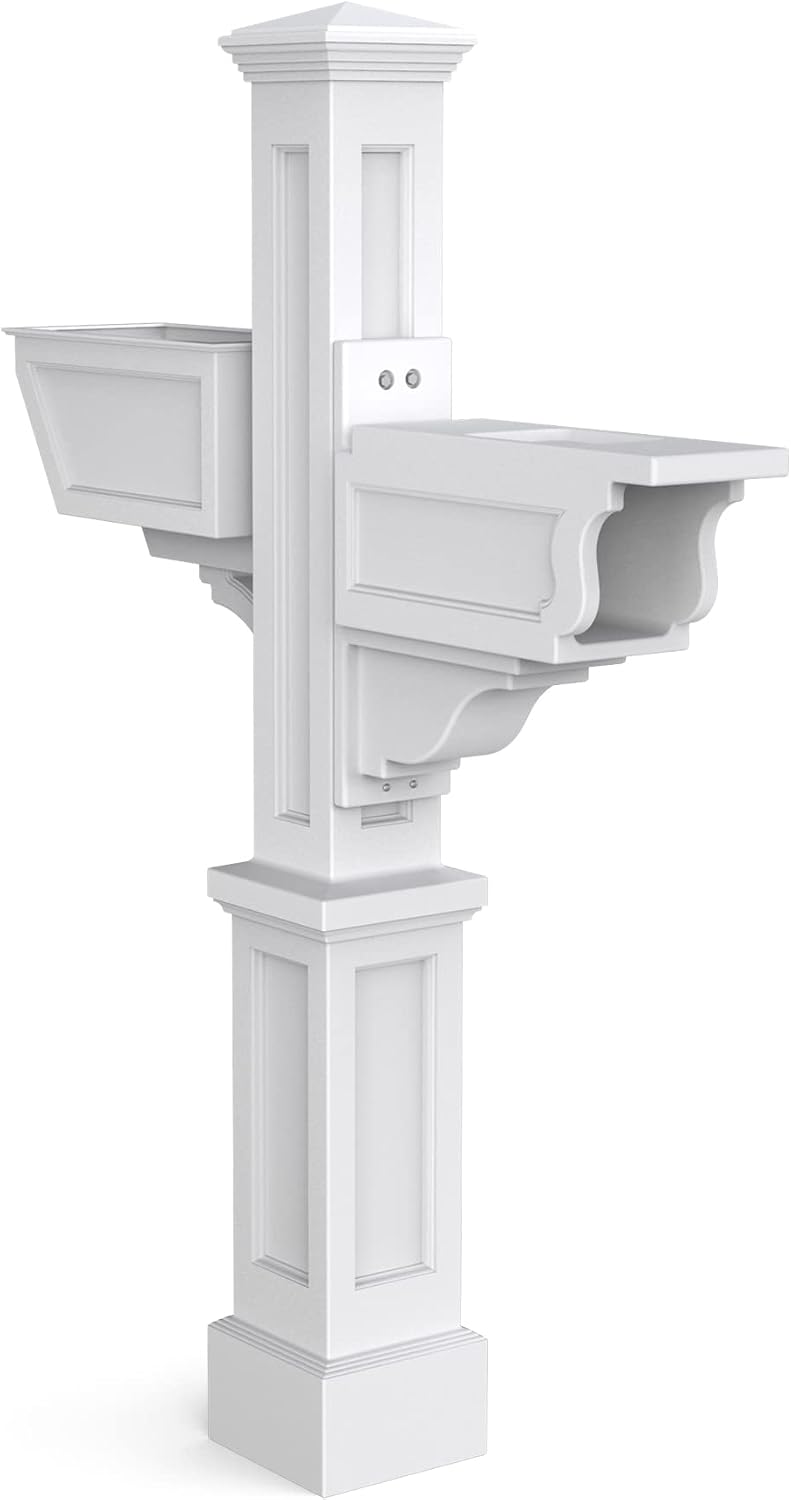 Mayne Signature Decorative Mail Post with Newspaper Holder & Planter, White | For post-mount mailboxes, Weather & fade resistant, All season, 15-year warranty