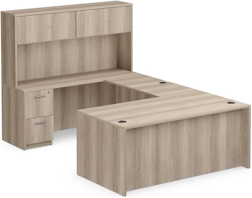 NBF U-Shaped Desk Reversible Workstation with Hutch & Storage, 71" W, Tan
