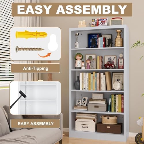 66 in Black Heavy Duty Metal Bookshelf, 5-Tier Adjustable Tall Bookcase, Industrial Floor Standing Storage Shelf 180 lbs Load Per Shelf for Living Room Home Office Bedroom Garage
