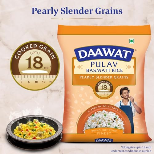Daawat Pulav Basmati Rice | Naturally Aged Long & Slender Grains | Fluffy Non-Sticky Texture | Perfect for Pulav & Everyday Meals, 1 kg (2.2 lb)