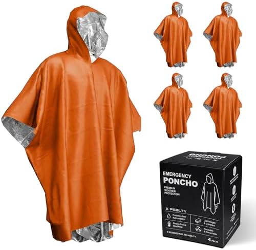 4 Pack Emergency Survival Mylar Poncho | 90% Heat Retention, Waterproof, Windproof, Tear-Resistant, Individually Packed for Hiking, Camping, Car Emergency Kit