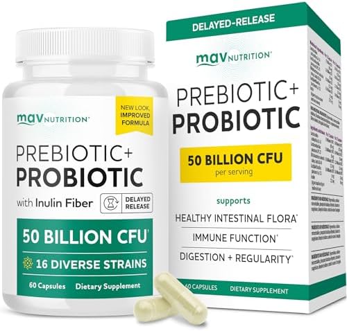Prebiotics and Probiotics, 50 Billion CFU, 16 Probiotic Strains & Inulin | With Prebiotic Fiber, Delayed Release Capsules, Gut Health Support, Prebiotics and Probiotics for Women & Men, 60 Capsules