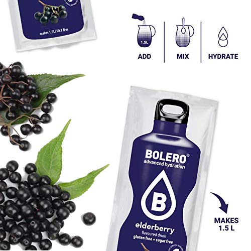 Bolero- Sugar Free Drink Mix Packets Elderberry Fruit Flavors | Powdered Flavored Water Packets | 12 Large Sachet On The Go Packets