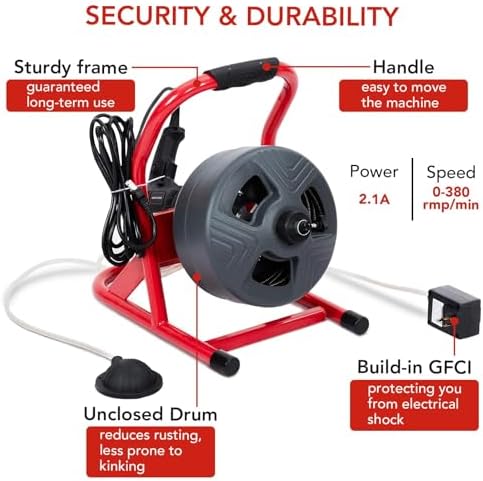 Drain Cleaner Machine 50Ft x 5/16 Inch, Electric Drain Auger with Foot Switch, Sewer Snake for 3/4 to 3 Inch Pipes, Includes 6 Cutters & Gloves