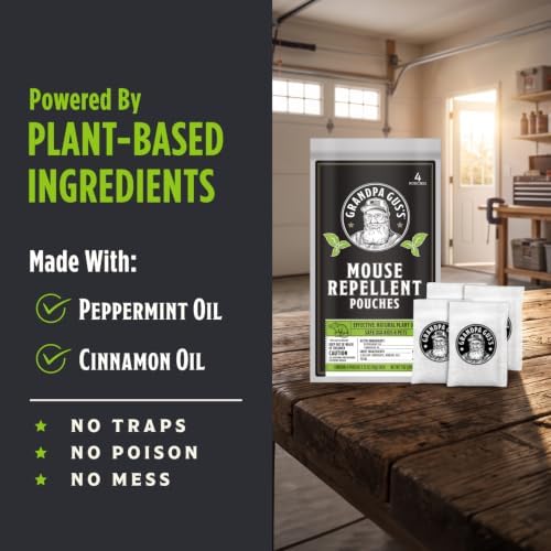 Grandpa Gus's Mouse Repellent Pouches, Natural Peppermint Oil, 4 Pouches | Cinnamon & Peppermint Oil Helps Repel Mice from Nesting in Home/Cabin/Boat/Car Storage/RV/Machinery/Shed, Kid & Pet Safe