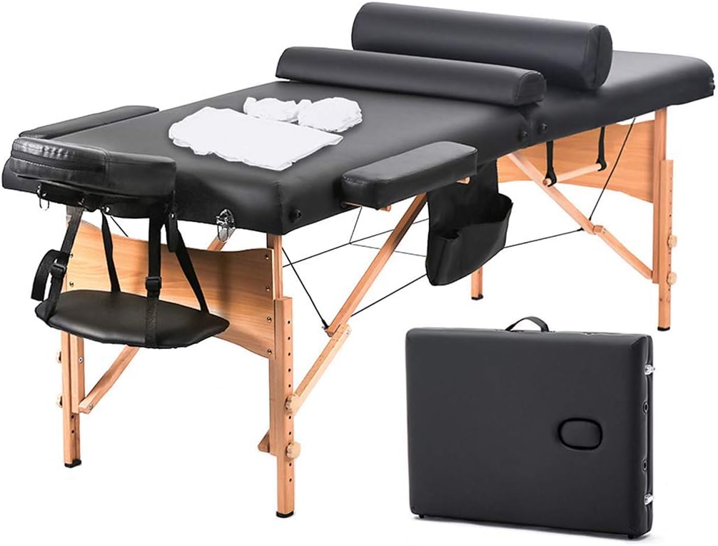 BestMassage Massage Bed Portable Massage Table 28 inch Wide Lash Bed Height Adjustable 2 Folding Spa Table with Towel Hanger Oil Pouch Half Bolster Round Bolster Non-Woven Bag