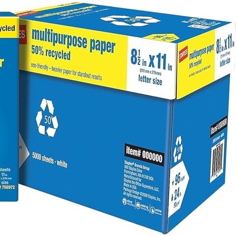 Staples 100% Recycled Printer Paper Bright White Copy/Fax/Laser/Inkjet, 500 Sheets