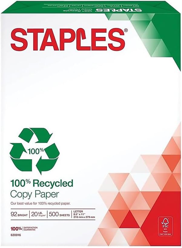 Staples 100% Recycled Printer Paper Bright White Copy/Fax/Laser/Inkjet, 500 Sheets