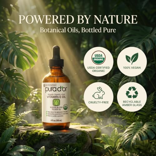 PURA D'OR Vitamin E Oil Botanical Blend, 4 fl oz | Ultra-Nourishing Hydration, USDA Certified, Jojoba, Argan, Almond, Avocado, Body Massage, Cuticles