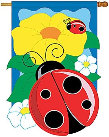 Two Group - Ladybug Garden Friends - Everyday Bugs & Frogs Applique Decorative Vertical House Flag 28" x 44"