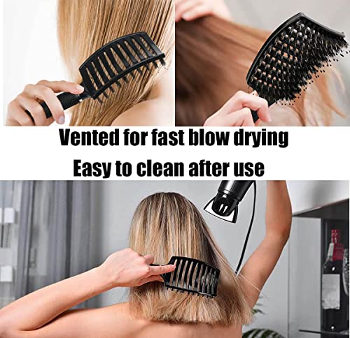 Boar Bristle Detangler Vent Hair Brush for Blow Drying, Curved Vented Paddle Detangling Brush for Women Men