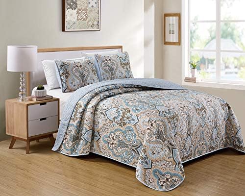 Luxury Home Collection 3 Piece Full/Queen Quilted Reversible Coverlet Bedspread Set Floral Printed Blue Taupe