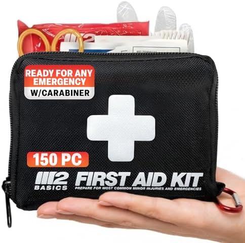 M2 BASICS 150 Piece Premium First Aid Kit, Compact Bag for Purse & Travel | On-The-Go Emergency Use, Backpack, Glove Box, Luggage, Carry-On, School