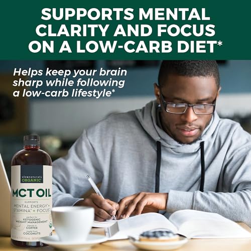 Viva Naturals Organic MCT Oil, 32 fl oz – MCT Oil for Coffee, USDA Organic, Non-GMO, Paleo Certified & Keto Friendly, Supports Energy & Mental Clarity