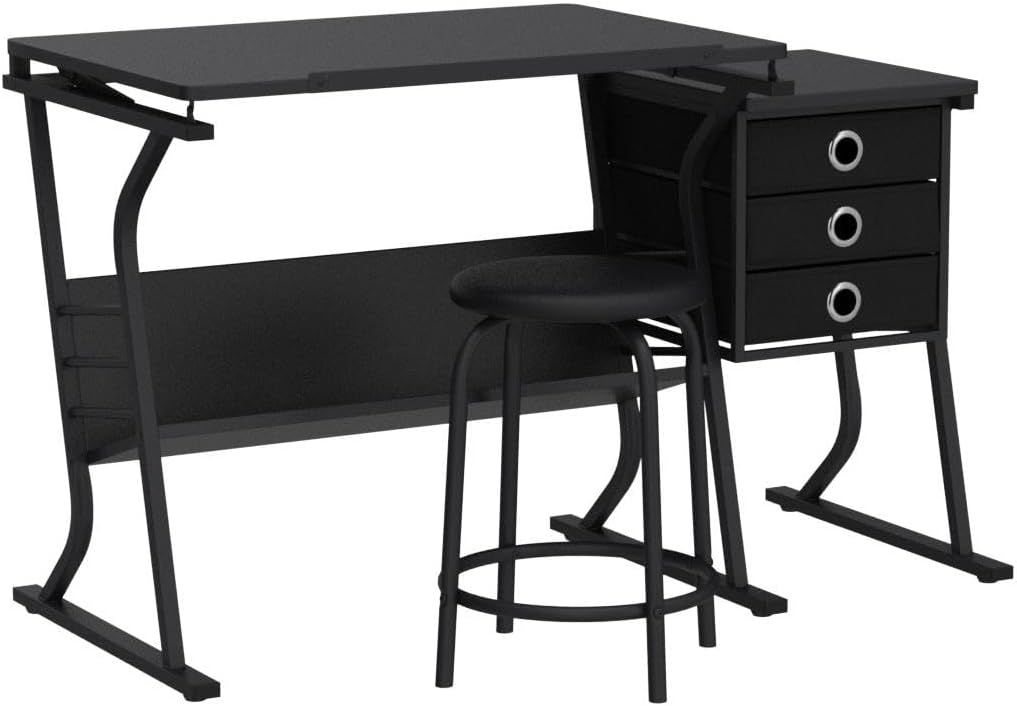 Topeakmart Height Adjustable Drafting Table Art Craft Desk Work Station Hobby Design Studio Tiltable Tabletop Drawing Desk with Stool & Storage