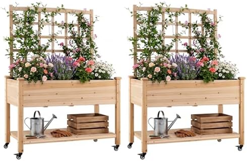 GIANTEX Raised Garden Bed on Wheels, Wood Planter Box with Legs, Liner, Drain Holes, Elevated Garden Bed for Vegetables