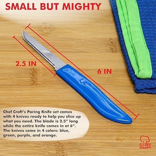 Chef Craft Select Paring Knife Set, 2.5 inch blade 6 inch in length 4 piece set, Assorted