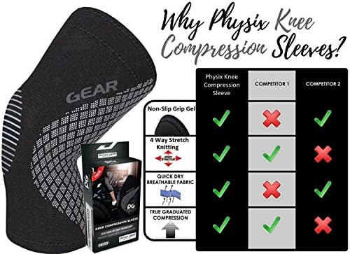 Physix Gear Knee Compression Sleeve for Men & Women - Best Compression Knee Brace for Walking, Running, Gym, Basketball, Weightlifting,Workout, Sports - Knee sleeves Support Compression & Stability