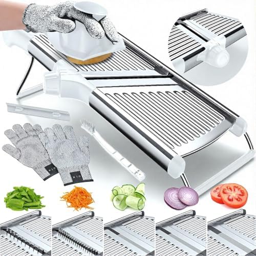 Gramercy Adjustable Mandoline Food Slicer, Mandoline Slicer for Kitchen, Mandolin, Potato, Tomato, Carrot, Vegetable, Fruit and Onion Cutter, Stainless Steel, INCLUDING Cut-Resistant Gloves, Black PRO
