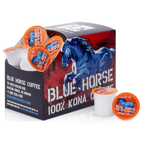 Blue Horse 100% Kona Coffee Pods, Medium Roast, 10ct Single Serve, Compatible with K Cups 2.0, Farm Fresh, Authentic Arabica Beans from Hawaii’s Big Island with a Smooth, Rich Flavor