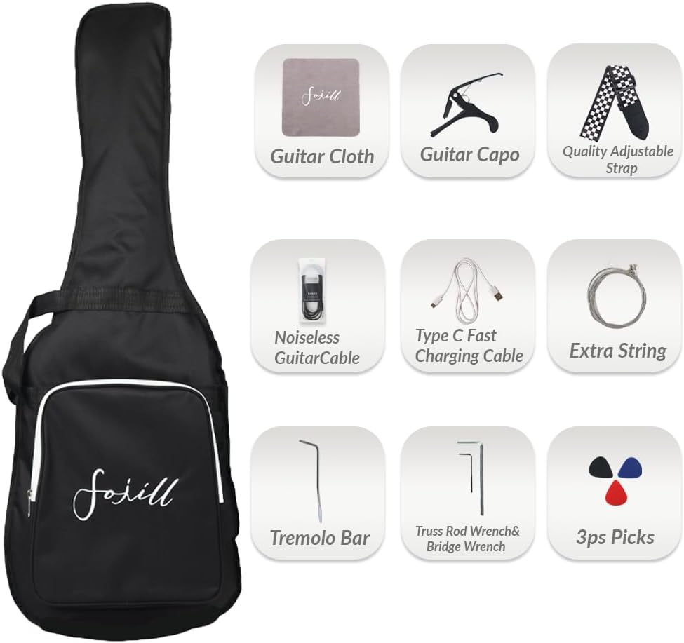 Fojill HSS Pickup 39 Inch Full Size Electric Guitar Kit Set Beginner Starter Combo Package Bundle 10W Battery Power Bluetooth Amplifier Amp Bag, Picks