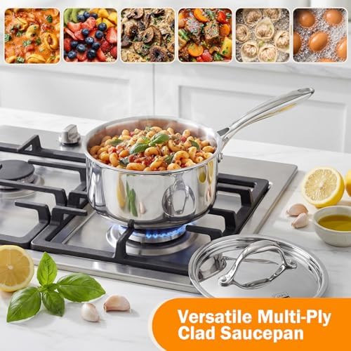 Cooks Standard Multi-Ply Clad 1.5 Quart Stainless Steel Saucepan with Lid, Small Kitchen Induction Cooking Sauce Pot Pan, Dishwasher & Oven Safe, Compatible with All Cooktops