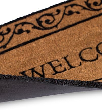 BIRDROCK HOME Welcome Coir Doormat with Scroll Border | 18 x 30 Inch | Standard Welcome Mat with Black Decorative Border | Natural Fade | Vinyl