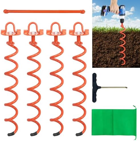 MIXXIDEA 11.4 Inch Gound Anchors Screw in, Metal Spiral Earth Anchors Kit, Heavy Duty Folding Ring Spiral Stake, Silver Ground Stakes for Tent