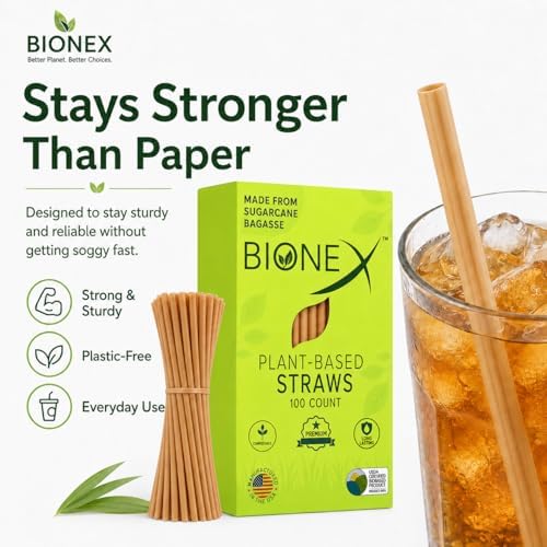Bionex 8” Sugarcane Straws, 100 Count – Biodegradable & Compostable Disposable Drinking Straws, Made in USA