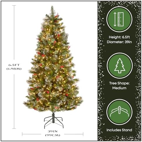 National Tree Company 7.5ft Pre-Lit Wintry Pine Medium Christmas Tree | 650 Clear Lights, 831 Tips, Flocked, Pinecones, Red Berries, Includes Stand, Green