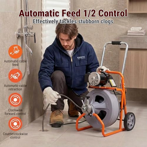 HoldwellS 50FT x 5/16 Inch Drain Cleaner Machine, Electric Drain Auger for 3/4"-3" Pipes, Sewer Snake Auger with 4 Cutters & Pneumatic Foot Switch