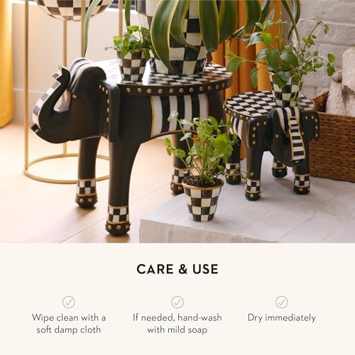 MACKENZIE-CHILDS Enamel Herb Pot Set, Small, Black-and-White Courtly Check | Hand-painted design, small plant pots for herbs or flowers, 8-ounce capacity per pot, set of 3
