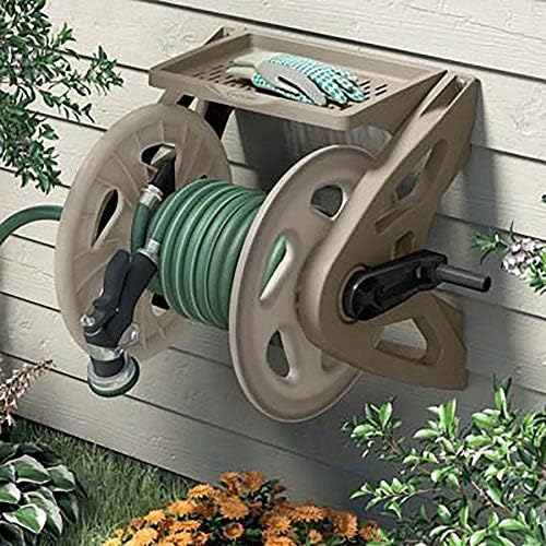 Suncast Handler Durable Hard Plastic Wall Mounted Outdoor Retractable Garden Hose Reel with Storage Tray and 200 Feet Hose Capacity, Taupe