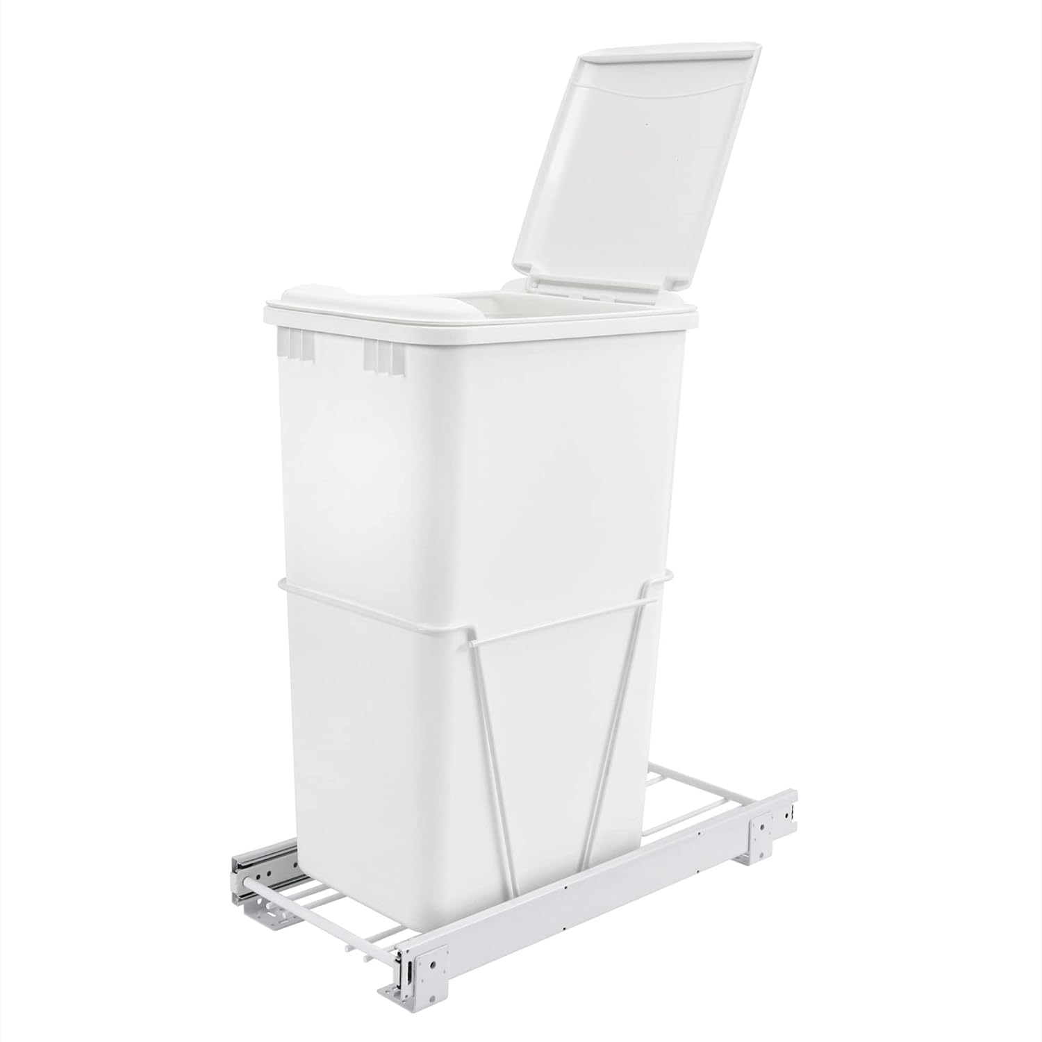 Rev-A-Shelf Single 35 Qt Pullout Trash Can for Base Kitchen Cabinets | Garbage Waste Bin System with 3/4 Extension Slides, Min Opening Width of 11, White, RV-12PB