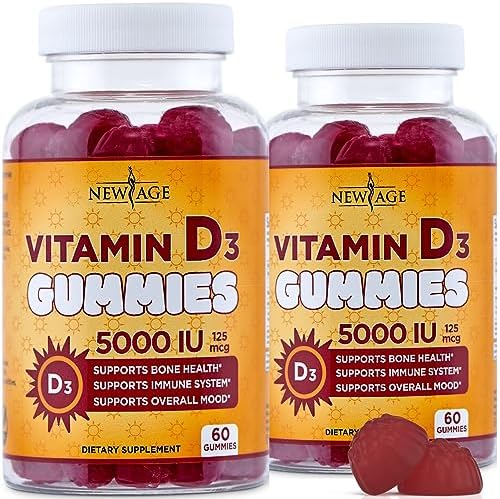 NEW AGE Vitamin D3 5000 IU 125mcg Gummies - Immune Supplement - Non-GMO, Gluten-Free, Dairy-Free, No Gelatin (120 Gummies (Pack of 2))