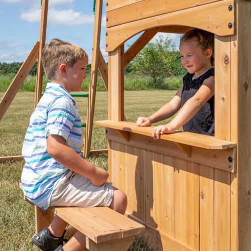 Backyard Discovery Montpelier Cedar Wood Swing Set, Wave Slide, Clubhouse, Monkey Bars, Picnic Area, Snack Bar, Belt Swings, Trapeze, Balcony
