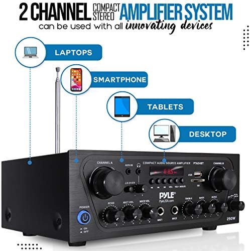 Pyle 2-Channel Bluetooth Home Stereo Amplifier - 250W Wireless Audio Receiver, Karaoke Optimized: Dual Mic In with Echo, Mic Talk-Over, FM Radio