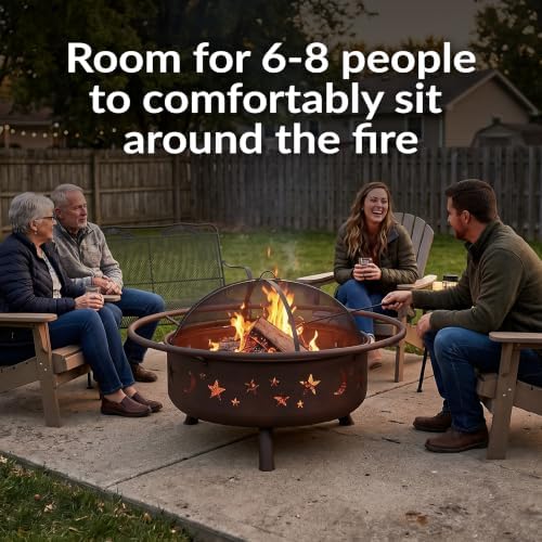 Sunnydaze Cosmic 42" Large Outdoor Fire Pit, Wood Burning, 34" Bowl Dia | Bronze, Heavy Duty Steel Metal, Includes Spark Screen, Wood Grate, & Poker, Round Backyard Firepit for Outside, Patio, Deck