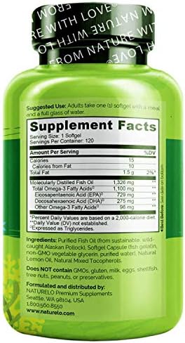 NATURELO Burpless Omega 3 Fish Oil Supplement, 1100mg, 60 Softgels | Triglyceride omega-3, omega 3 DHA EPA, liquid fish oil, 2 months supply