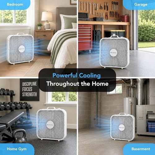 Comfort Zone Box Fan with Carry Handle, 20 inch, 3 Speed Full-Force Air Circulation Window Fan, Bedroom Floor Fan with 5 Blades, White Noise Cooling Fan, White